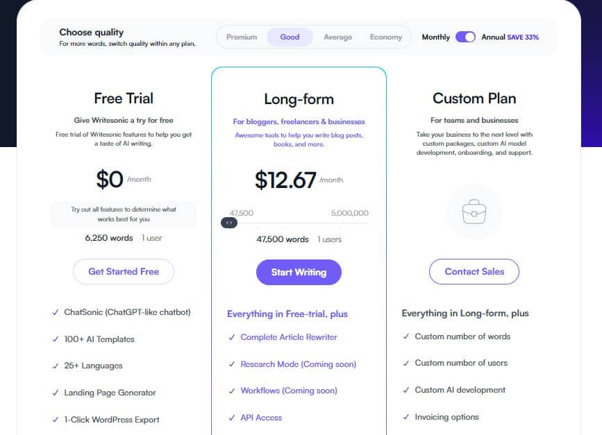 writesonic free trial pricing